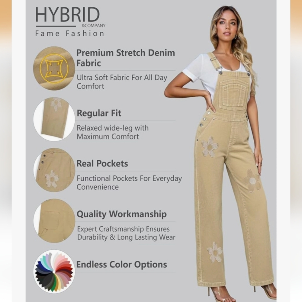 Hybrid & Company Womens Super Comfy Stretch Denim jumpsuit Pants Overalls ~Khaki - Picture 5 of 16